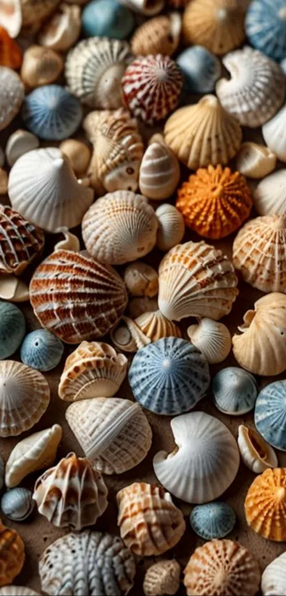 Vibrant and colorful seashells arranged on a sandy surface.