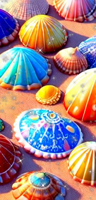 Vibrant seashells on a sandy beach background.