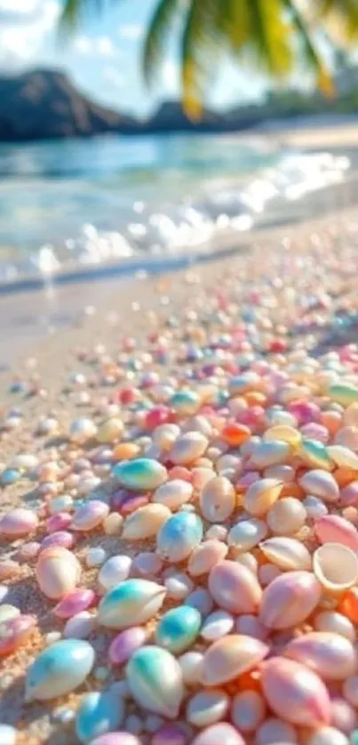 Colorful seashells on a tropical beach with ocean view.