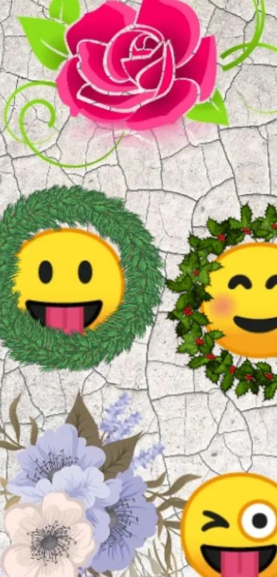 Smiling emojis with floral accents on a textured background.