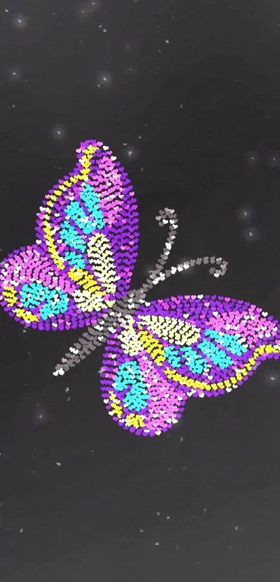 Colorful sequin butterfly on black background.