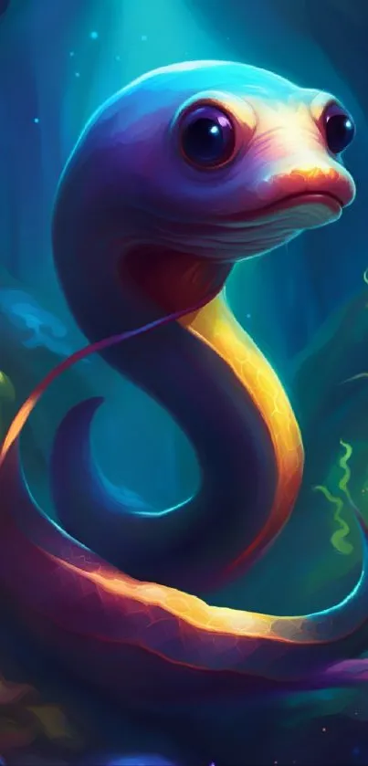 Vibrant fantasy serpent with colorful hues in a mystical underwater scene.