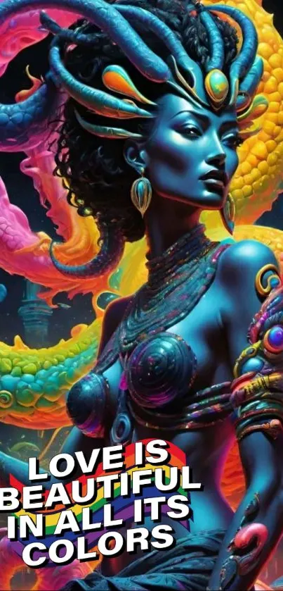 A colorful serpent goddess artwork on mobile wallpaper displaying vibrant hues.