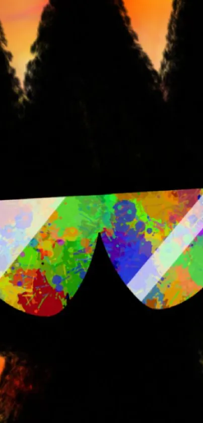 Vibrant abstract art with colorful sunglasses on black background.