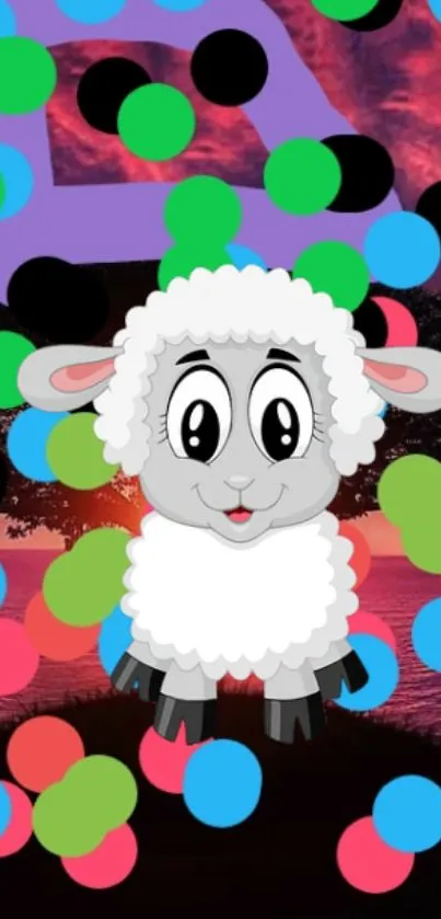 Colorful cartoon sheep with vibrant dots background.