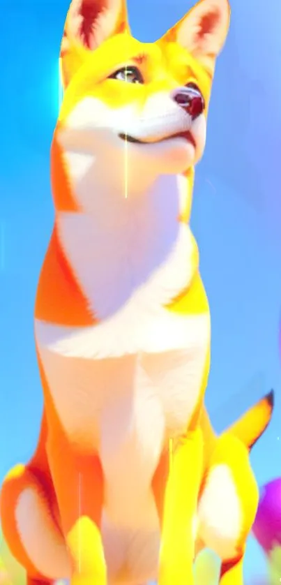 Shiba Inu in colorful background with bright orange and vibrant hues.