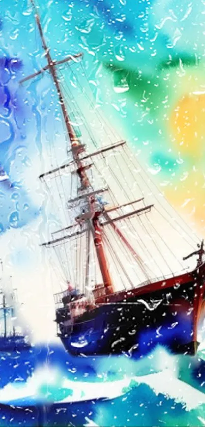 Vivid and colorful ship on an ocean-themed mobile wallpaper.