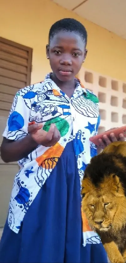 Girl in colorful shirt with lion next to her.