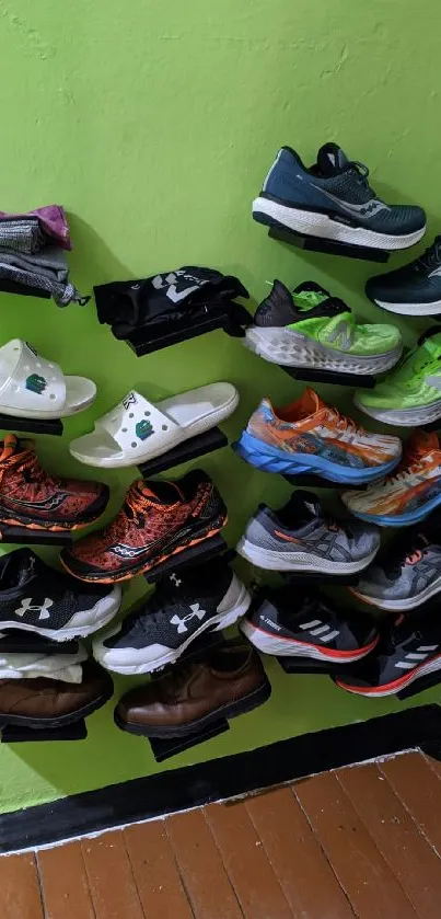 Colorful shoe collection on green wall display.