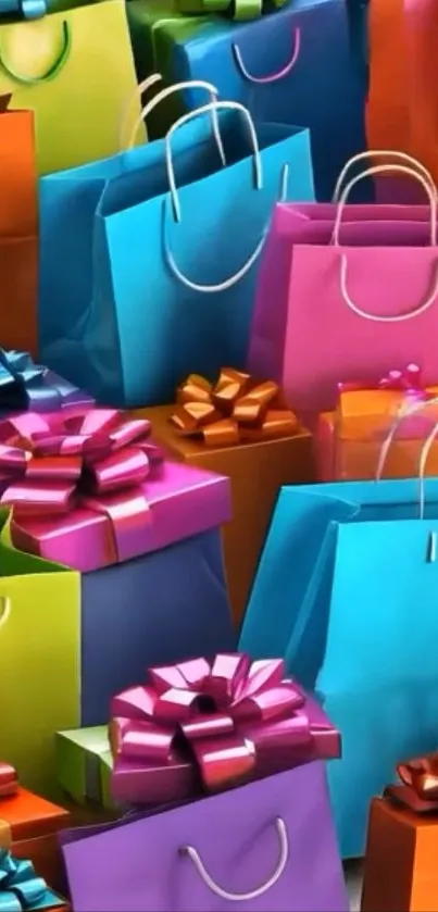 Colorful shopping bags with gift bows in a vibrant design.