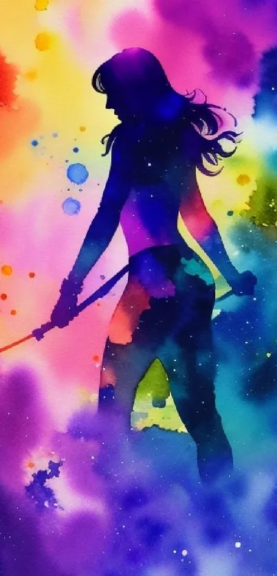 Vibrant watercolor silhouette with bold colors.