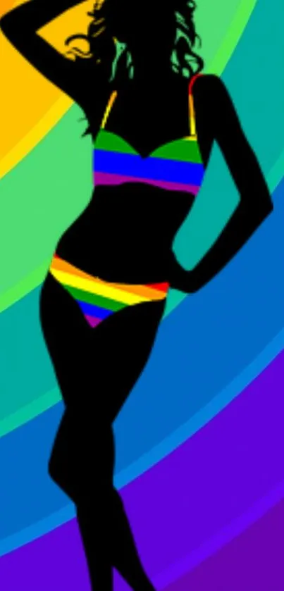 Silhouette with rainbow swimsuit on vibrant colorful background.