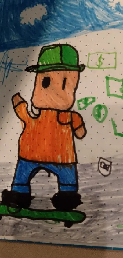 Colorful drawing of a skater wearing a green cap.