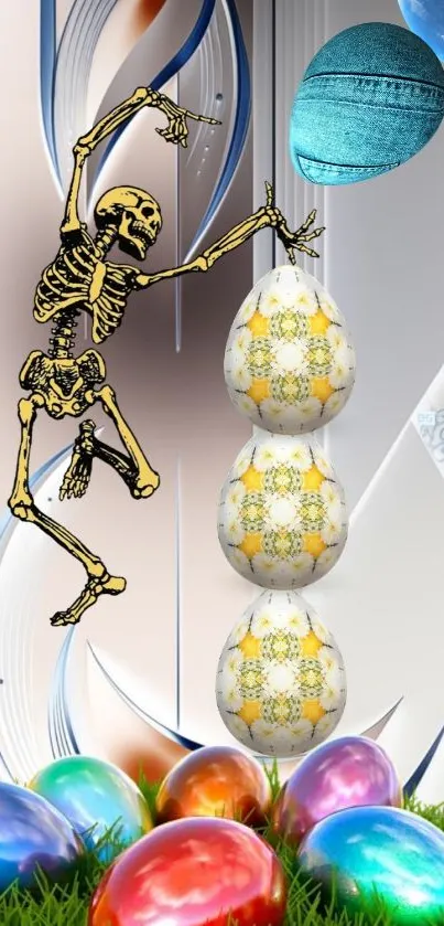 Vibrant skeleton juggling colorful eggs with a galaxy background.