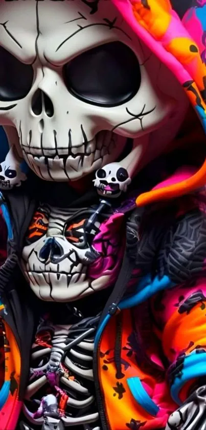 Vibrant skeleton character with colorful hoodie in neon hues.