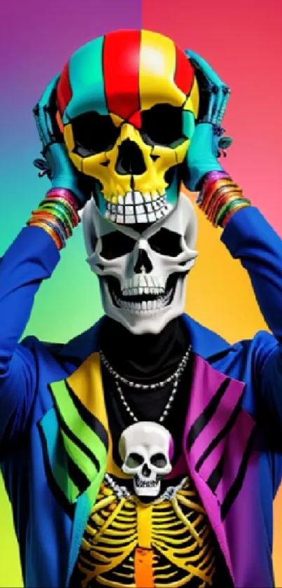 Vibrant skeleton art with colorful gradient backdrop.