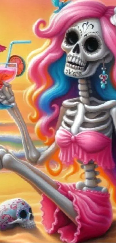Colorful skeleton with a beach drink in a vibrant artistic scene.