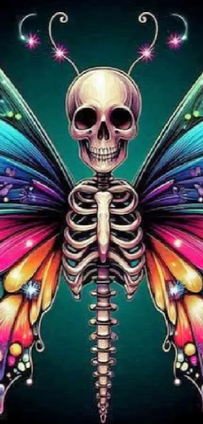 Vibrant skeleton butterfly design on a colorful mobile wallpaper.