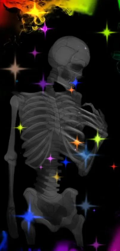 Vibrant skeleton with colorful neon lights on a dark background.