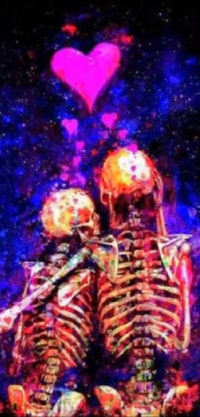 Colorful skeletons with heart in galaxy art.