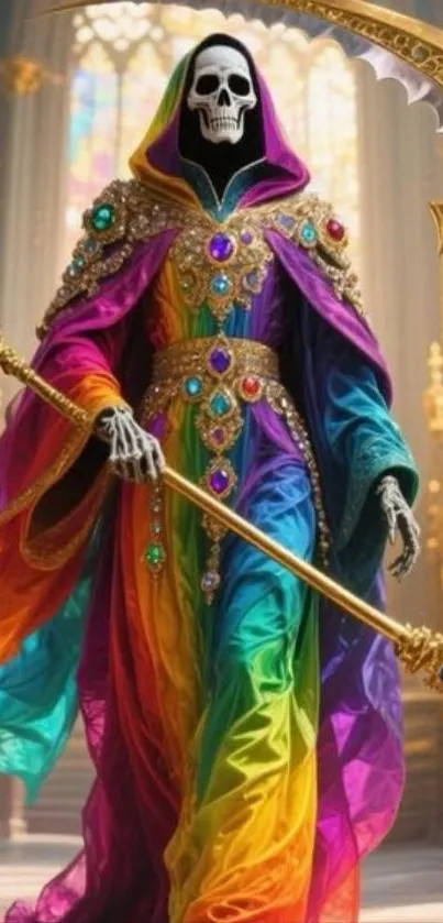 Colorful skeleton in rainbow robe with jewels and scythe in mystical setting.