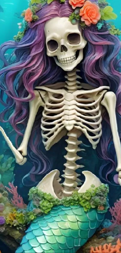 Skeleton mermaid with vibrant hair and coral reef.