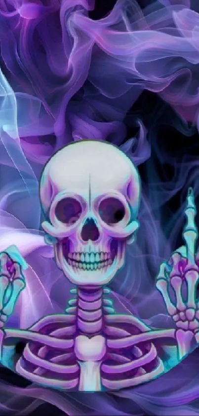 Colorful skeleton with purple and blue smoke wallpaper.