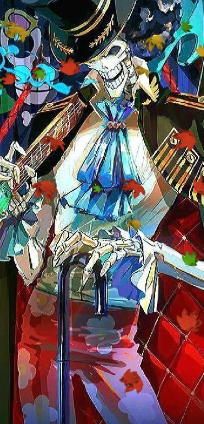 Vibrant skeleton art with guitar in colorful blues and reds.