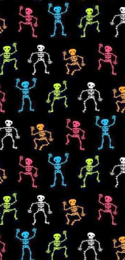 Colorful skeleton pattern on a black background wallpaper.