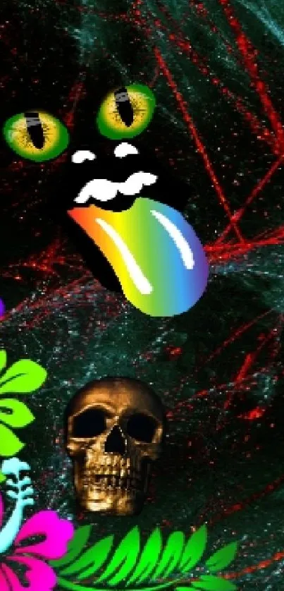 Colorful wallpaper with skull and cat face, featuring vibrant patterns.