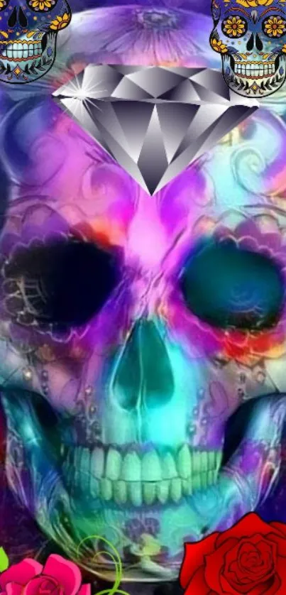 Colorful skull artwork with a shiny diamond and vibrant colors.