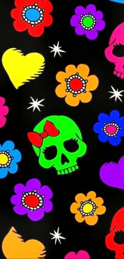 Colorful skulls and flowers on a black background.