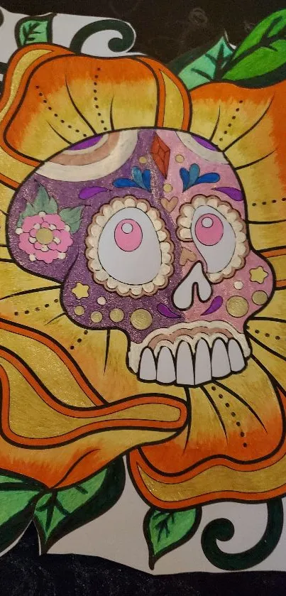 Colorful skull with flower art in vibrant hues.