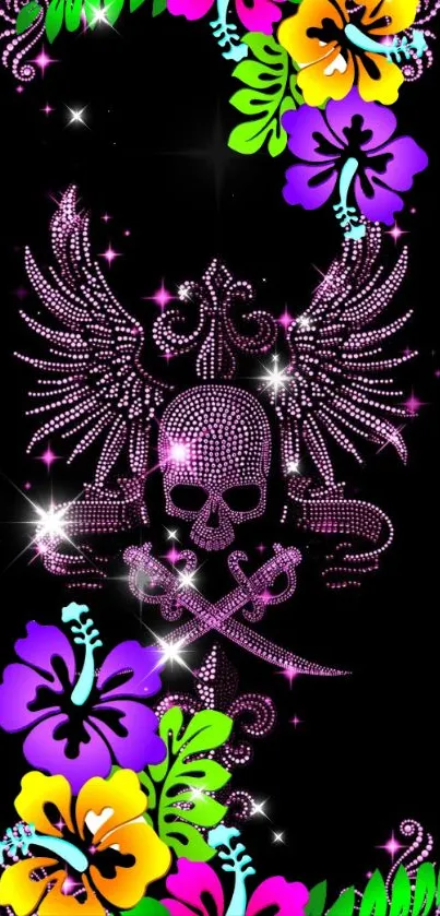 Black wallpaper with skull, wings, and colorful flowers.