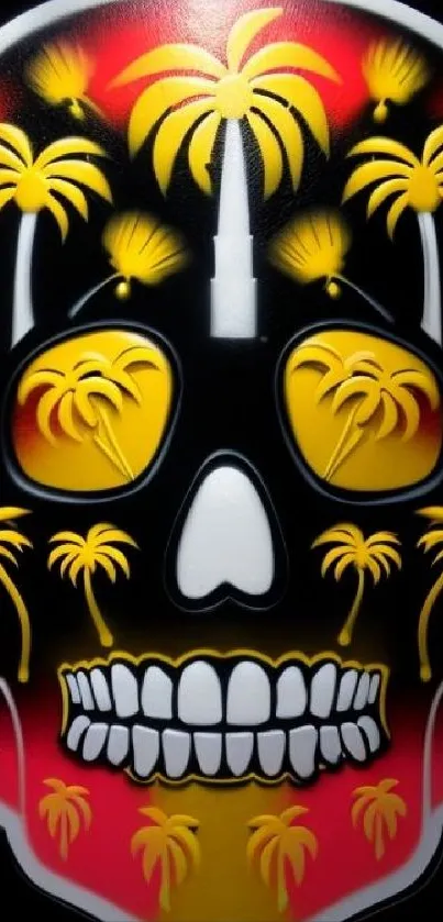 Colorful skull art with palm trees and neon elements on a black background.