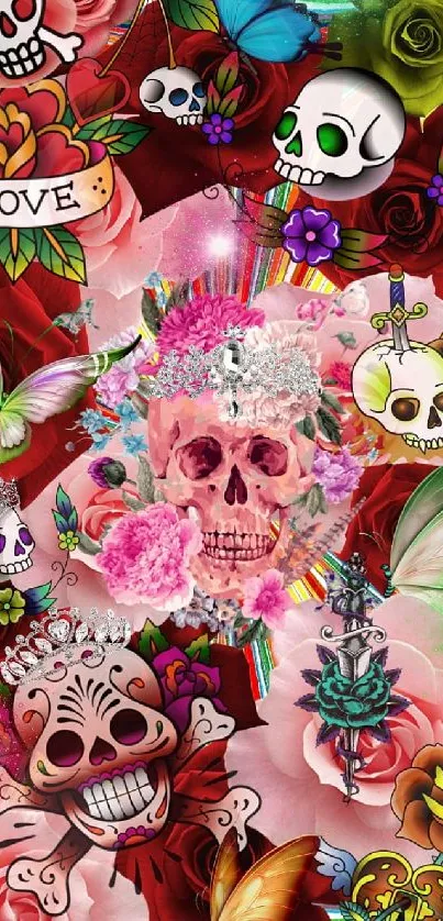 Colorful skulls with roses and butterflies on vibrant wallpaper.