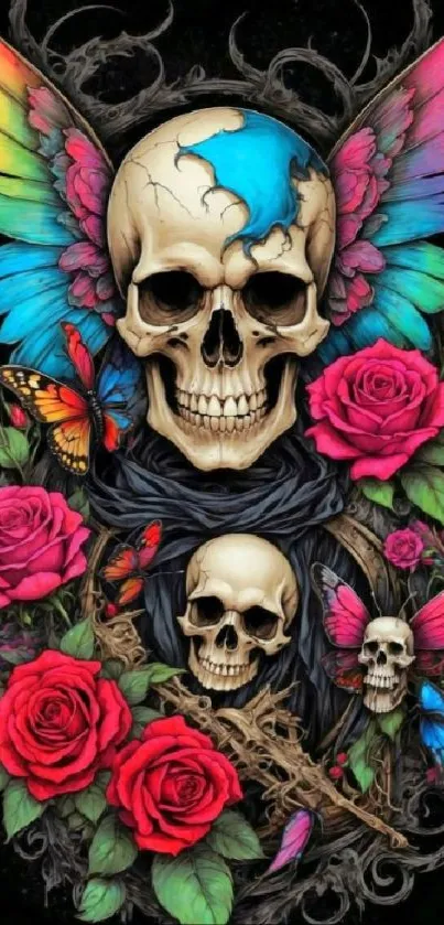 Colorful skull with wings and roses wallpaper design