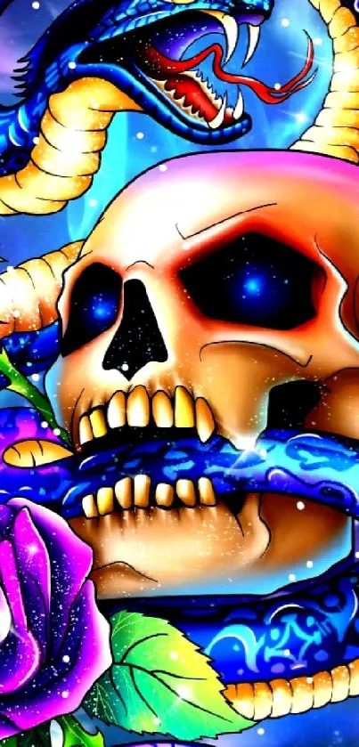 Vibrant skull and snake with roses in digital art.