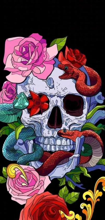 Colorful skull with snakes and roses on black background.