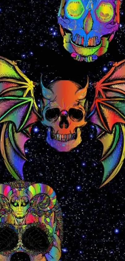 Colorful psychedelic skull art on a cosmic black background.