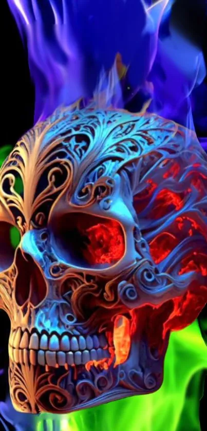 Intricate skull art with colorful flames background.