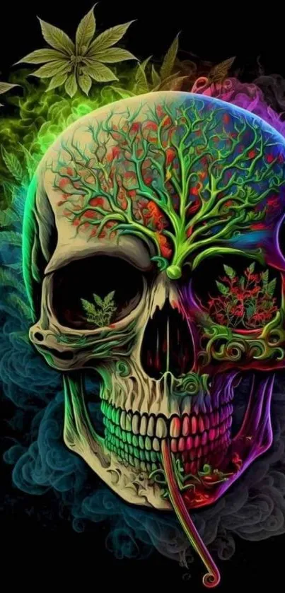 Colorful skull art with neon hues on black background.