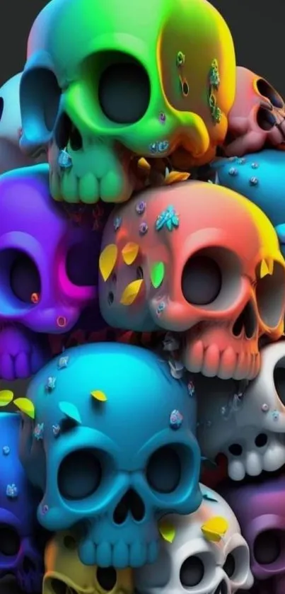 A vibrant stack of colorful skulls in various hues, creating a bold, artistic mobile wallpaper.