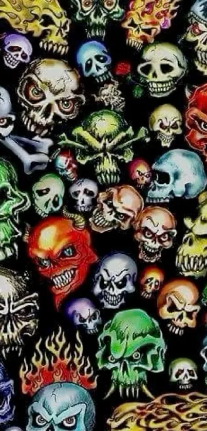 Vibrant skull-themed artwork wallpaper with colorful skeleton heads.
