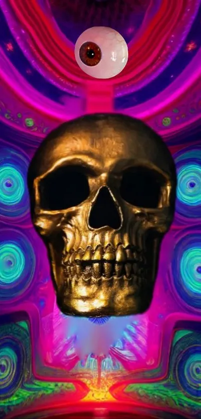 Colorful golden skull on psychedelic background wallpaper.