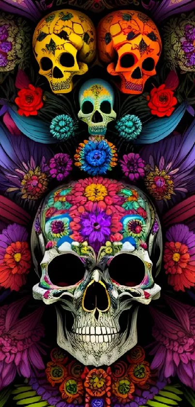 Colorful skull with floral designs on a vibrant purple background.