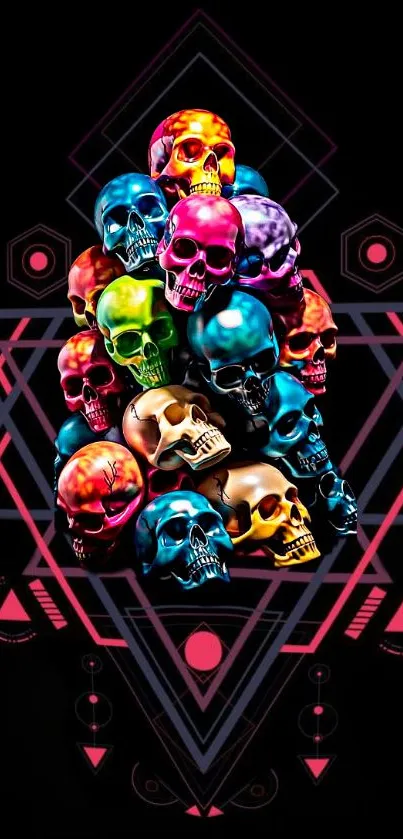 Colorful skulls with geometric patterns on black background.