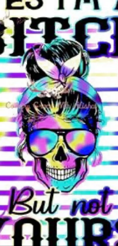 Colorful skull with sunglasses and bold text design on mobile wallpaper.