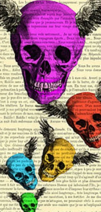 Colorful skulls with wings on a text background.