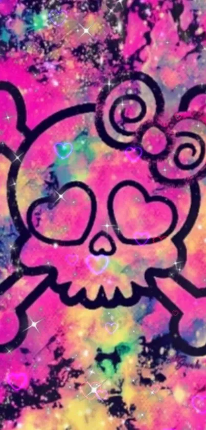 Vibrant skull art wallpaper with heart eyes on a colorful background.